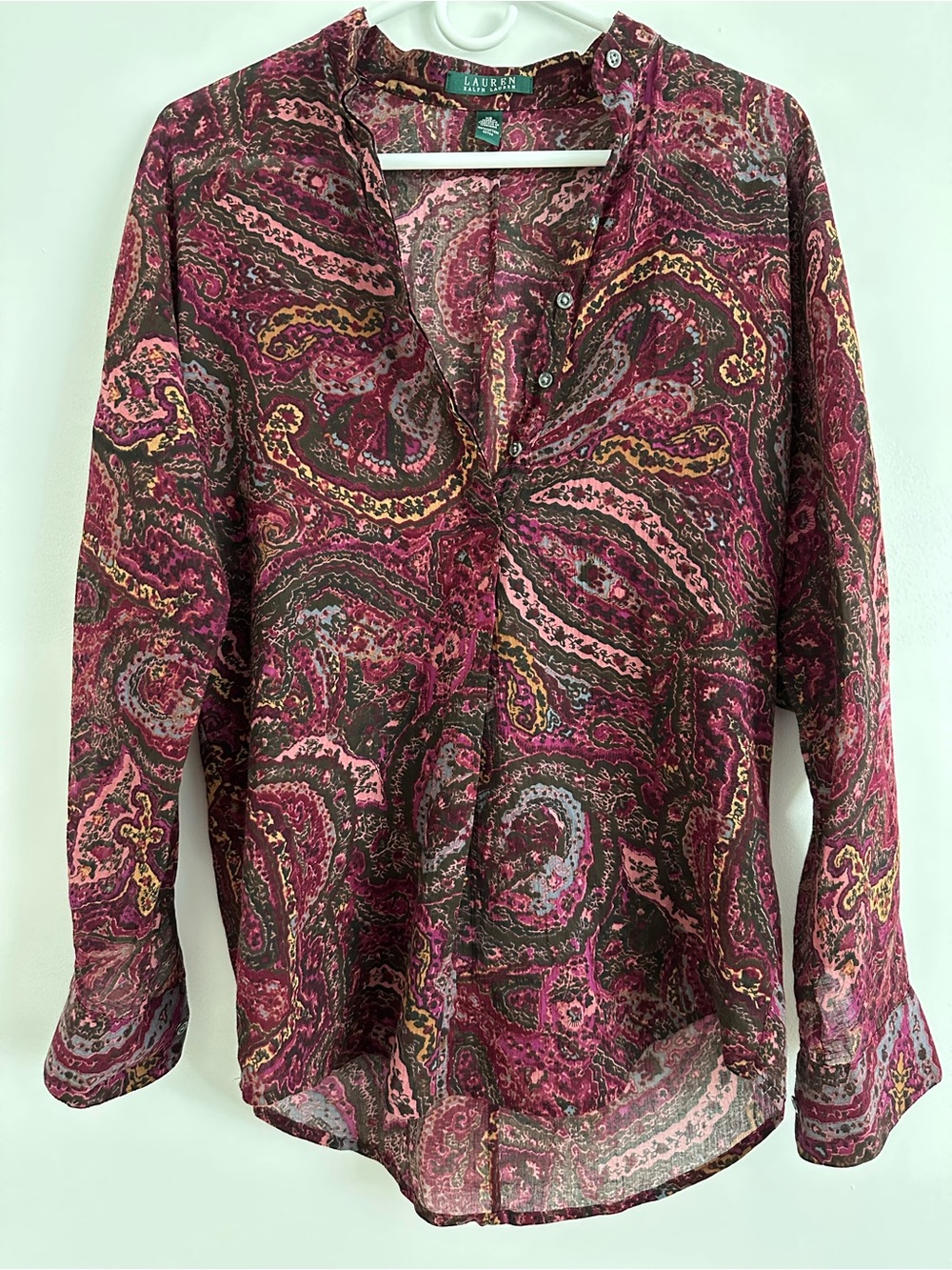 Ralph Lauren Burgundy Paisley V-Neck Long Sleeve Blouse